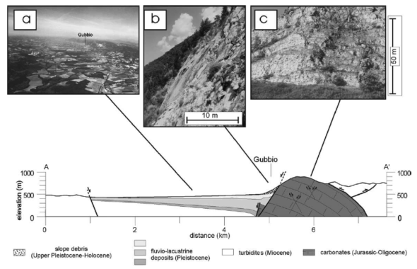 In basso: profilo verticale che taglia la valle, dove si vede la faglia di Gubbio che pone a contatto i calcari appenninici (a destra) con i sedimenti fluvio-lacustri della valle (a sinistra). In alto: a) veduta aerea del bacino; b) la faglia in affioramento; c) deformazione estensionale nel blocco a monte della faglia (footwall) (da Collettini et al., 2003).
