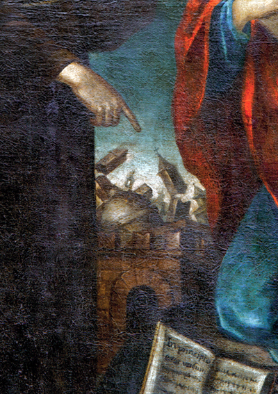Cento (Ferrara) - Particolare della città fortemente scossa da un terremoto, probabilmente lo stesso che il 17 novembre 1570, colpì la vicina Ferrara. La tela è di Giovanni Battista Tinti (1558-1604). Cento ha subito danni anche dai terremoti del maggio 2012 (Pinacoteca comunale di Cento).