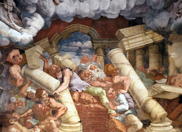 Mantova - Il grande affresco nella Sala dei Giganti nel Palazzo Tè di Mantova, realizzato da Giulio Romano e Rinaldo Mantovano nel 1528-1533, può essere visto anche come una rappresentazione artistica del terremoto.