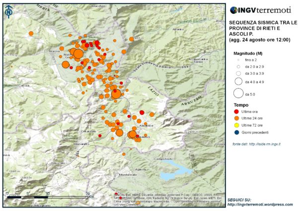 venti sismici localizzati dalle ore 03:36 alle ore 12.00 italiane tra le province di Rieti, Perugia, Ascoli Piceno, L’Aquila e Teramo