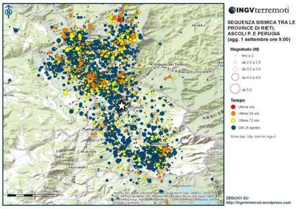 La mappa della sequenza sismica in Italia Centrale aggiornata al 1 settembre alle ore 09:00 italiane.