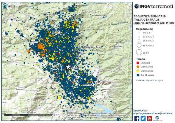 La mappa della sequenza sismica in Italia centrale aggiornata alle ore 11:00 del 16 settembre