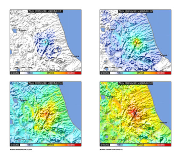 Confronto tra le mappe di scuotimento (in forma semplificata) di quattro diversi terremoti della sequenza sismica in corso in Italia centrale. In particolare, le mappe evidenziano il livello di scuotimento utilizzando colori più caldi (dall’azzurro al rosso intenso) man mano che scuotimento aumenta. La dicitura WEAK-STRONG-SEVERE (debole-forte-severo) definisce il livello di scuotimento (shaking) e consente una rapida valutazione del potenziale impatto dell’evento.