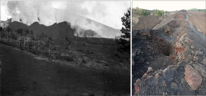 Attività esplosiva lungo la frattura eruttiva apertasi sul Rift di Nord-Est nel 1911 (a sinistra, fonte: Catalogo Fondo G. Ponte). La frattura eruttiva come si presenta oggi (a destra, foto R. Azzaro).