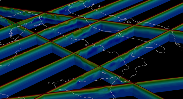 La tomografia sismica è un metodo usato per lo studio dell’interno della terra in cui determinare la velocità delle onde sismiche attraverso l’analisi dei sismogrammi. In figura alcune sezioni del modello tomografico 3D utilizzato in questa simulazione, i colori rappresentano le diverse velocità delle onde sismiche P, dal rosso (2000 m/s) nelle aree con velocità minori (bacini alluvionali) fino al blu scuro (8000 m/s) nelle aree più veloci. (Di Stefano & Ciaccio 2014)