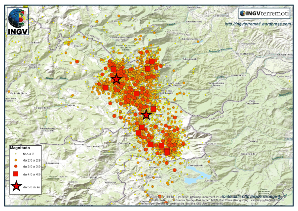 La sequenza sismica in Italia centrale nel mese di agosto 2016.
